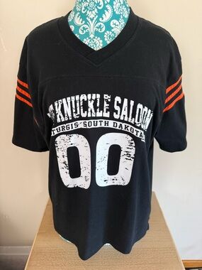 KNUCKLE SALOON South Dakota Navy Shirt with Orange Stripes on Sleeves